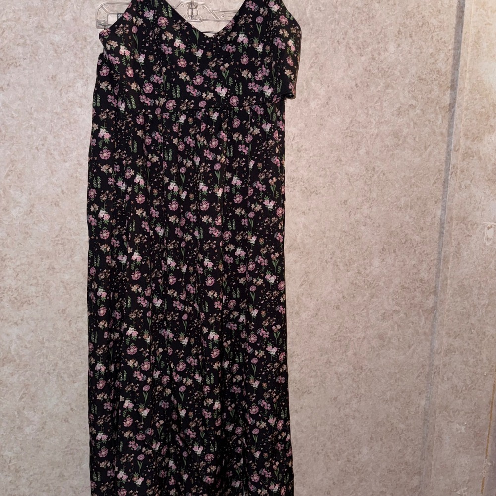SHEIN Floral 2 Piece Set Crop Cami Top & Double Slit Maxi Skirt Black Pink Large